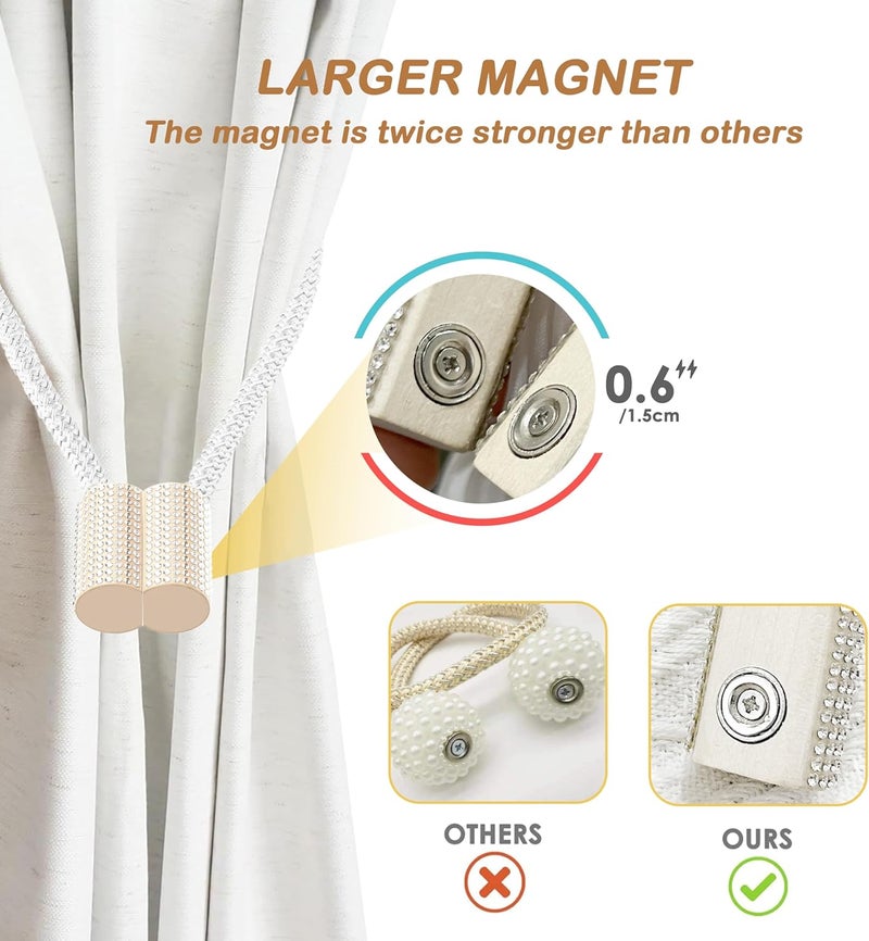 SRG Handmade Magnetic Curtain Tiebacks 4 Pack Sparkling Glass Wrapped Wooden Holdbacks with Strong Magnets, No Drilling Drapery Accessories for Home Decor – White - Image 5